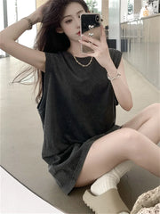 LIZAKOSHT - Mid-Length T-Shirts Women Loose All Match Summer Casual New Office Lady High Street Vintage Streetwear Tees