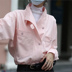 LIZAKOSHT - Autumn New Solid Pink Fashion Women Blouse Office Lady Slit Stand Collar Shirts Loose Casual Simple Female Coat Jacket