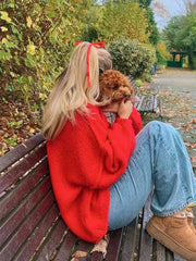 LIZAKOSHT - Casual Wine Red Women's Knitted Turtleneck Pullover Casual Oversized Long Sleeve Warm Jumpers Lady High Street Outerwears