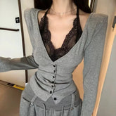 LIZAKOSHT - Summer New Lace Neck Hanging V-neck Base Shirt Sexy Long Sleeved T-shirt for Spicy Women Neck Hanging Slim Fit Top