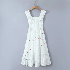 LIZAKOSHT - Women French Front Button Strawberry Print White Sexy Elegant Dress Flying Sleeve Square Neck Female Summer Party Robe