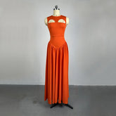 LIZAKOSHT - Women O Neck Summer Sleevelss Cut Out Low Waist Elegant Holiday Party Pleated A Line Sundress Chic Elastic Femme Maxi Robe