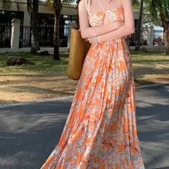 LIZAKOSHT - Summer Seaside Print Hanging Neck Sexy Backless Holiday Long Dresses Women Pressure Pleated Super Fairy Big Swing Dress