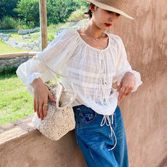 LIZAKOSHT - O-neck Casual Lace up Loose lazy top lantern Long Sleeve White Blouses For Women Cotton Boho Beach Casual Blouse Holiday shirts