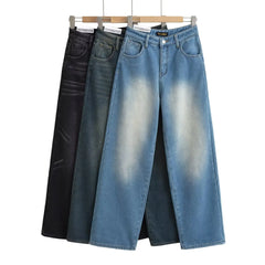 LIZAKOSHT - Women Loose Denim Pants Full Length Winter Trousers American Retro Gradient Washing Knee Straight Wide Leg Jeans With Fleece