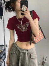 LIZAKOSHT - Red Cotton Cropped T Shirt for Women Girl Vintage Butterfly Graphic Streetwear Tee Tops Tshirt Summer Croptop