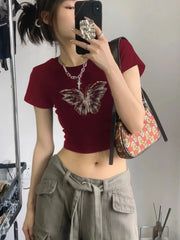 LIZAKOSHT - Red Cotton Cropped T Shirt for Women Girl Vintage Butterfly Graphic Streetwear Tee Tops Tshirt Summer Croptop