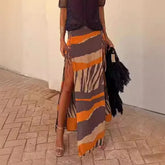LIZAKOSHT - Ladies Sexy Lace-up High Slit Long Skirts Chic Women Patchwork Slim Fit Print Skirt Female Streetwear Casual Skirt Summer