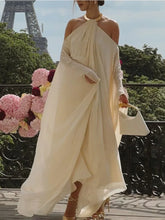 LIZAKOSHT  -  Women's Elegant Ruffled Dress Halter-neck Flared Sleeves Party Dresses Solid Color Big Swing Pleated Evening Gowns