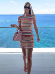 LIZAKOSHT - Color Striped Tassel Mini Dress Women Slim Slip Sleeveless Party Club Dresses 2025 Summer New Stylish Beach Holiday Robes Lady