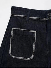 LIZAKOSHT - Fashion Denim Shorts For Women Summer 2025 New Casual Black Zipper Pockets Short Pants Chic Bright Line Decoration Mini Shorts