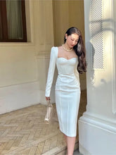 LIZAKOSHT - Square Collar Slim Bodycon Black Vestido Femme Fashion Outerwear Robe Women Autumn Long Sleeve Elegant A-Line Midi White Dress