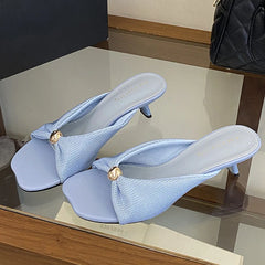 LIZAKOSHT - New Fashion Metal Pearls Shallow Square Toe Women Slippers Summer Low Heels Banquet Dress Female Shoes