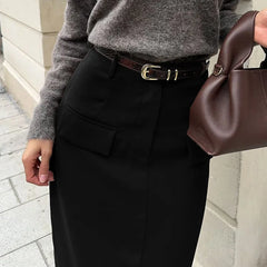 LIZAKOSHT - 2026 Fashion Black Pockets Women's Skirt Elegant High Waisted Straight Skirts Casual Solid Ankle-Length Skirts Female Clothing
