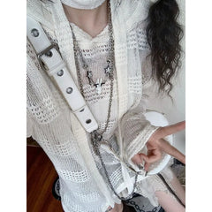 LIZAKOSHT - Y2k Harajuku Women's Kint Sweater Rabbit Ear Knitwear Hollow Out Grunge Pullovers Spring Oversize Gothic Jumper Korean