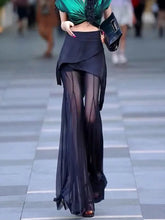 LIZAKOSHT - Summer Black Mesh Patchwork Skirts Women Sexy High Waist Slim A-line Transparent Long Skirt Korean Ins Y2k Streetwear