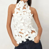 LIZAKOSHT - Fashionable and comfortable high street style top with hollow out design top sexy three-dimensional flower see through top