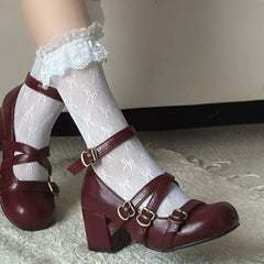 LIZAKOSHT - Gothic Retro Black Bucke Straps Pumps Vintage Brown Mary Janes Shoes Women Cute Burgundy Lolita 6cm Block High Heels Pumps