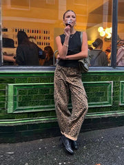 LIZAKOSHT - Women Vintage Overalls Leopard Printed Baggy Wide Leg Pants 2024 Spring Casual Hip-hop Cargo Grunge Baggy Trousers High Street