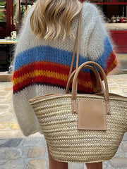 LIZAKOSHT - Colorful Contrasting Stripes Cardigan for Women Elegant Lantern Long Sleeve Loose Sweater Autumn Lady Knitwear Outerwears