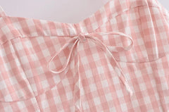 LIZAKOSHT - Retro French Pink Gingham Plaid Print Sling Dress Sexy Summer Woman Backless Spaghetti Strap Dresses Strapless Holiday Robe