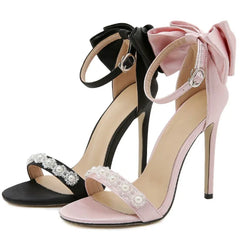 LIZAKOSHT  -  Pearl Satin Bowknot Sexy Thin High Heels Women Crystal Striptease Shoes Female Luxury Party Dress Shoes Women Sandalias De Mujer