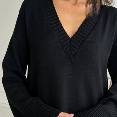 Lizakosht V Neck Sweater Women Mid Length Solid Loose Relaxed Knit Vacation Casual Dresses For Autumn Winter Pareo Outlet Vestido