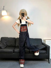 LIZAKOSHT - Women's Plaid Straps Jeans Straight Vintage Baggy Casual Fashion Wide Leg Pants Self Cultivation Denim Trouser Ladies 2024