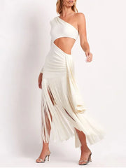 LIZAKOSHT - Summer Dresses Sexy Skinny Women's Sleeveless Dress New Fashion Tasseled Pleated One-Shoulder White Robe Female
