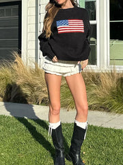 LIZAKOSHT  -  Women s Vintage American Flag Print Sweatshirt Long Sleeve Round Neck Loose Pullover Autumn Winter Tops Patriotic Fashion