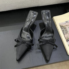 LIZAKOSHT - Spring Summer Silk Butterfly-knot Women's Slippers Sandals Pointed Toe High Heel Pumps Ladies Stripper Mules Shoes
