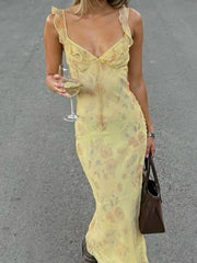 LIZAKOSHT - Floral Print Ruffles Dresses Sexy Printed Fish Tail Party Dress Summer Chic Harajuku Vacation Long Outfits