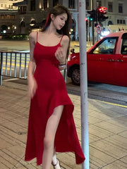LIZAKOSHT - Sexy Red Sleeveless High Split Dress Women Solid Spaghetti Strap Korean Chic Evening Party One Piece Vestidos Clothing