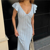 LIZAKOSHT  -  Temperament Ruffle Knit Dress Sexy V Neck Sleeveless Backless Sexy Knit Long Dress Elegant Luxury Y2k Women's Evening Dresses