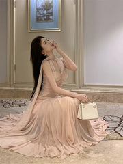 LIZAKOSHT - Summer Sleeveless Halter Maxi Dress Elegant Tight Waist V-neck Beach Dress Robes Temperament Party Backless Dresses