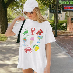 LIZAKOSHT  -  Italian Food T-Shirt Cute Lobster Seafood T Shirt Women Retro Cocktail Fruit Graphic Tee La Dolce Vita Shirt Summer Vacation Top