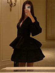 LIZAKOSHT - Summer Black Ruffled Mini Dress Female V-Neck Long Sleeve Solid Commute Elegant Party Dress Evening Women's Bodycon Dress