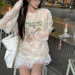 LIZAKOSHT - Summer New Streetwear Cartoon Printed Loose Casual Mesh Long Sleeve T-Shirt Women + Pleated White Cake Skirt Two-piece Suit