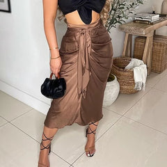 LIZAKOSHT - New Pleated Slim Satin Bread Butt Skirt Women's Fall Temperament Women's Pure Color and Calf Skirt Fashion Women's Skirt