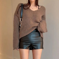 LIZAKOSHT - Sweaters Brown V-Neck Slit Autumn Retro Knitted Jumper Tops Y2K Harajuku Casual Women Basic Loose Pullover Korean Style