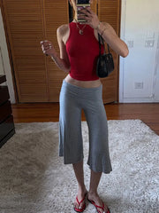 LIZAKOSHT - Solid Fold-Over Waist Culotte Lounge Pants High Waist Wide Leg Knit Summer Minimalist Women Chic Y2K Neutral Tone Trousers