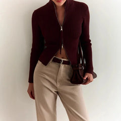 LIZAKOSHT - Skinny Knitwear Women's Fashion Zipper Slim Stand Collar High Waist Cardigan 2025 Female Ribbed Bottoming Jacket Office