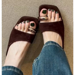 LIZAKOSHT - Vintage Clip Toe Brown Suede Metal Toe Flat Sandals Women Square Open Toe Slide Slippers Casual Summer Flip Flops