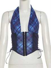 LIZAKOSHT - Summer Fashion Plaid Print Skinny Tank Tops Streetwear Y2K For Woman 2024 Sexy V-Neck Halter Bandage Backless Party Tops