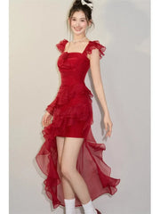 LIZAKOSHT  -  Vintage Sexy Ruffles Summer Dress for Women 2024 Elegant Fairy Dress Club Evening Party Dress Slash Neck Split Red Long Vestidos