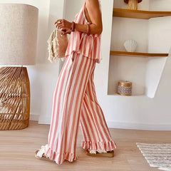 LIZAKOSHT - Women Ruffles Patchwork 2Pcs Set Female Outfits 2025 Casual Striped Print Tie-up Blouse&Wide Leg Pants Vacation Outfit Casual