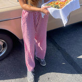 LIZAKOSHT - Y2K Vintage Women Girls Striped Plaid Pants Wide Leg Gingham Lounge Pants High Waist Striped Print Pajama Trousers Pants