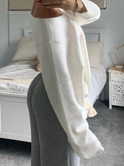 LIZAKOSHT - Skew Collar Solid Knit Pullovers Autumn Fashion Casual Loose Sweaters All-match Korean Chic Women's Outfits 90s