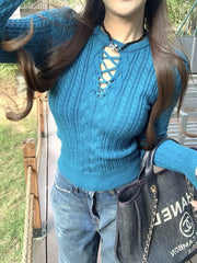 LIZAKOSHT - American Retro Knitted Sweater Women Winter Fashion Simple Street Hot Girl Slim Harajuku Casual Knitted Pullover