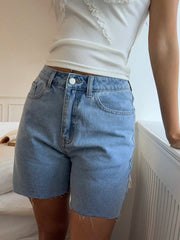LIZAKOSHT - American-style retro high-waisted slimming 5-inch denim shorts with a fitted and versatile fringed design.